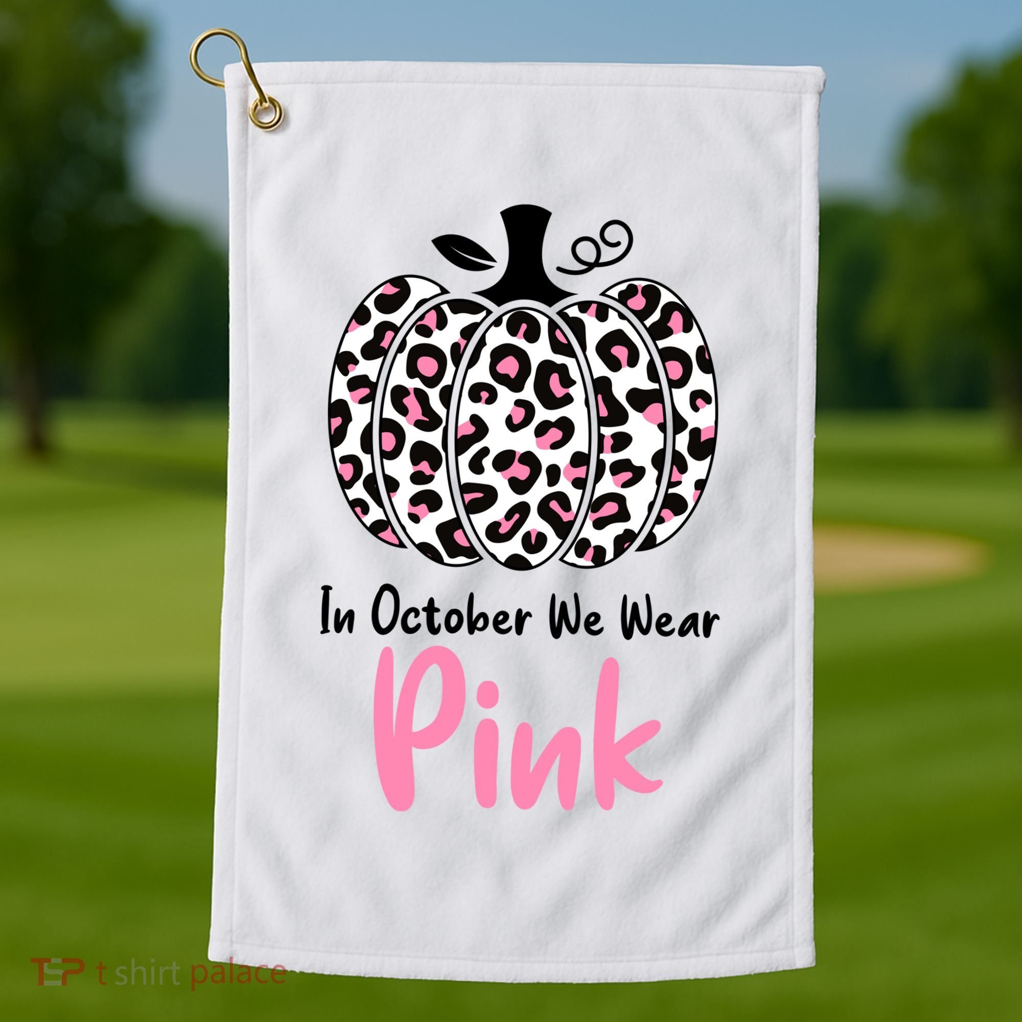 In October We Wear Pink Cheetah Pumpkin Breast Cancer Golf Towel
