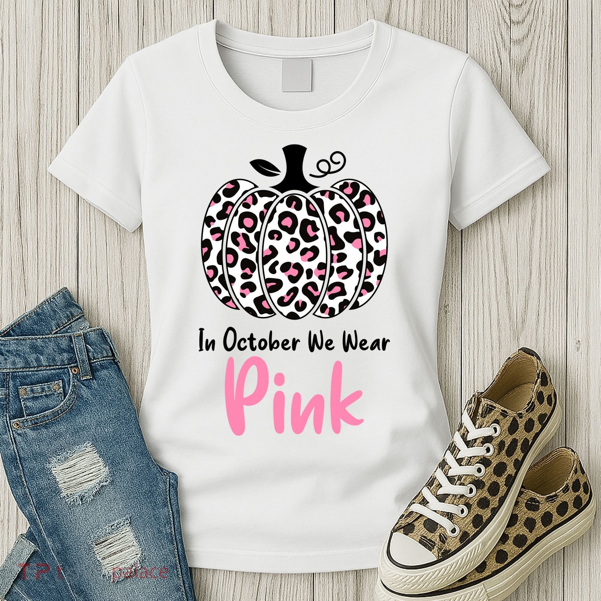 In October We Wear Pink Cheetah Pumpkin Breast Cancer Women's T-Shirt