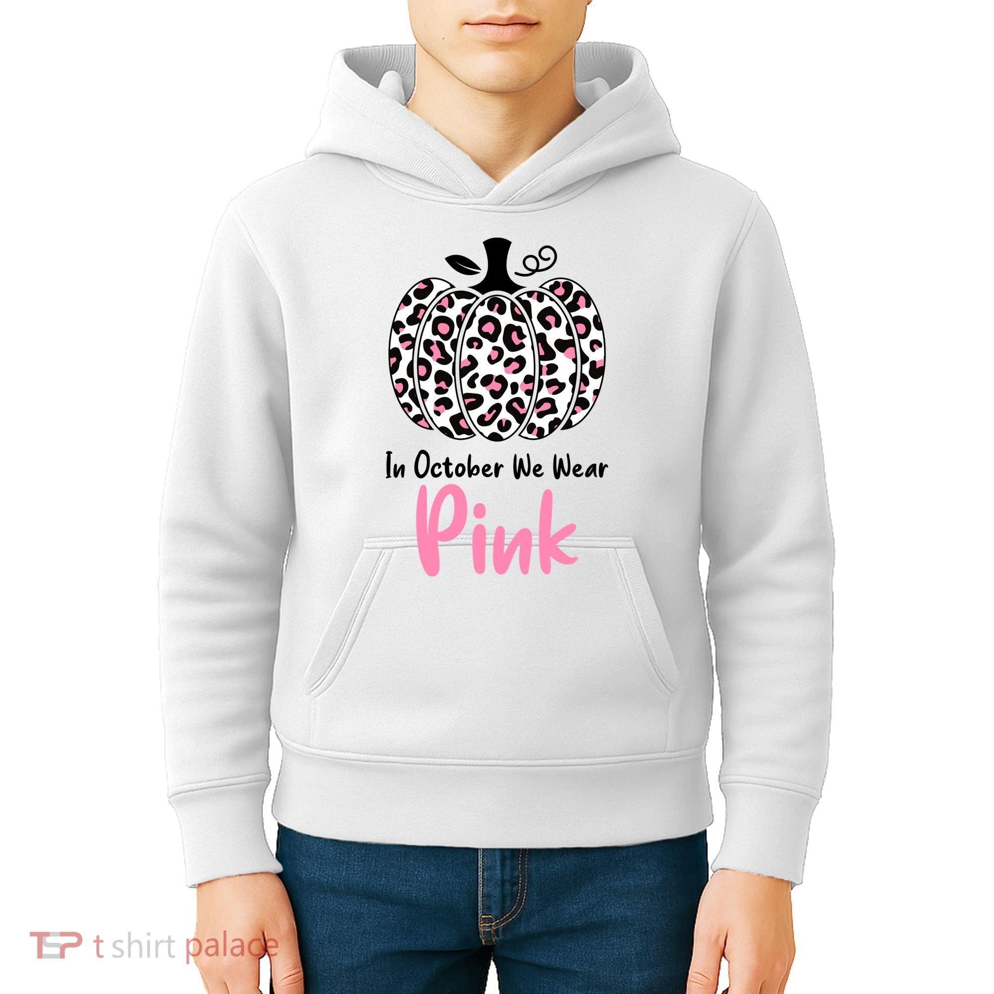 In October We Wear Pink Cheetah Pumpkin Breast Cancer Kids Hoodie