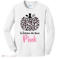 In October We Wear Pink Cheetah Pumpkin Breast Cancer Kids Long Sleeve Shirt thumb 0