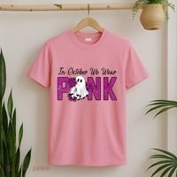 In October We Wear Pink Breast Cancer Awareness Halloween T-Shirt thumb 2