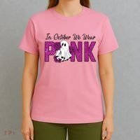 In October We Wear Pink Breast Cancer Awareness Halloween T-Shirt thumb 4