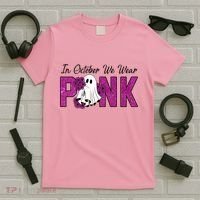 In October We Wear Pink Breast Cancer Awareness Halloween T-Shirt thumb 5