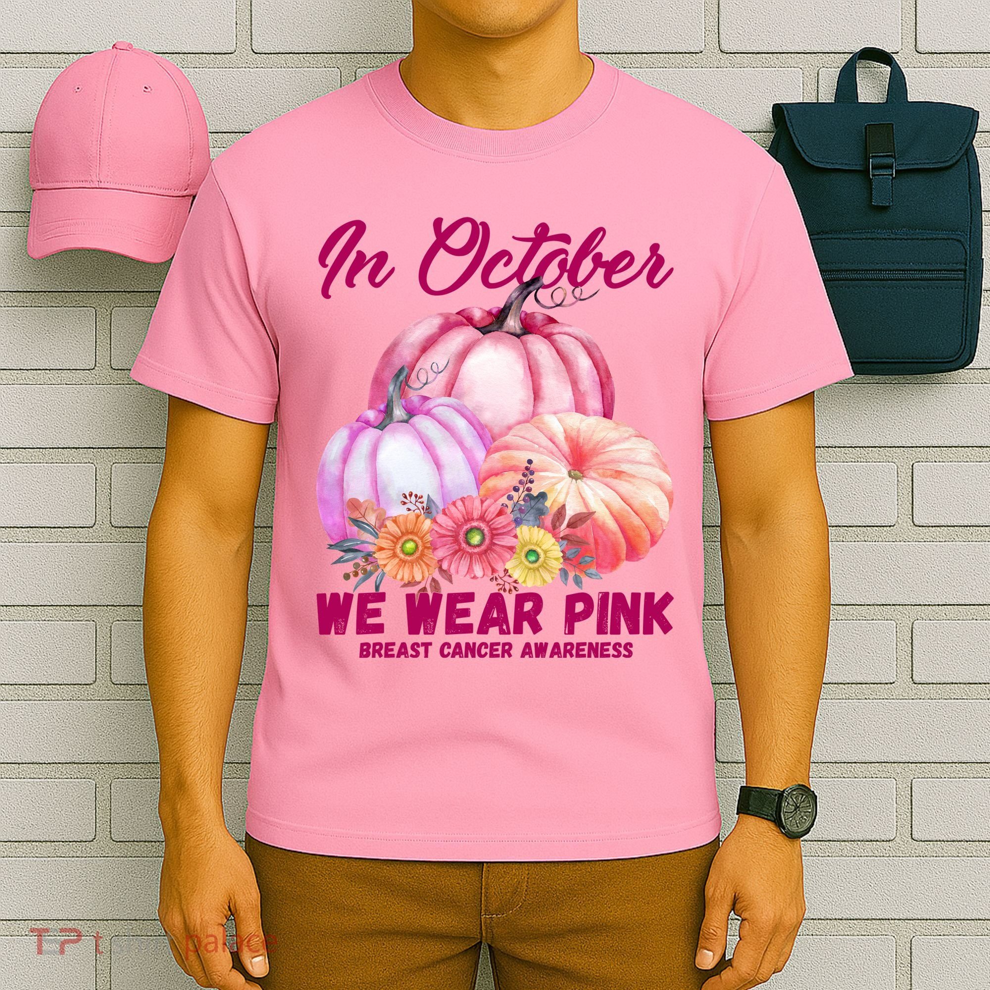 In October We Wear Pink Breast Cancer Awareness Pumpkin Patch T-Shirt