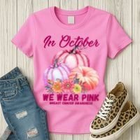 In October We Wear Pink Breast Cancer Awareness Pumpkin Patch Women's T-Shirt thumb 3