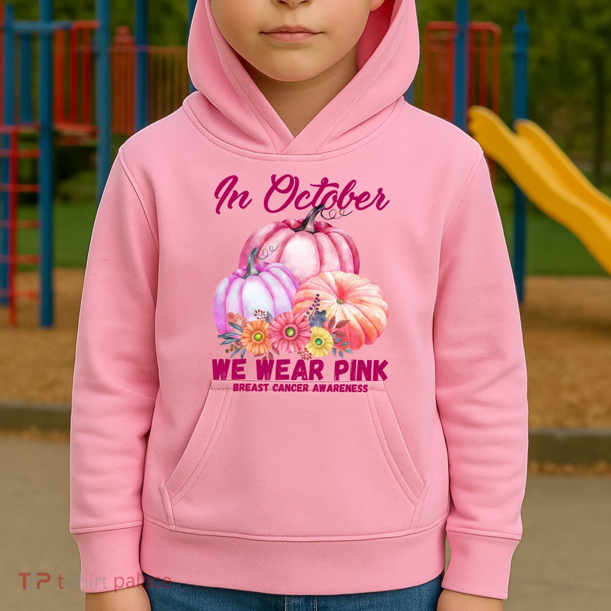 In October We Wear Pink Breast Cancer Awareness Pumpkin Patch Kids Hoodie