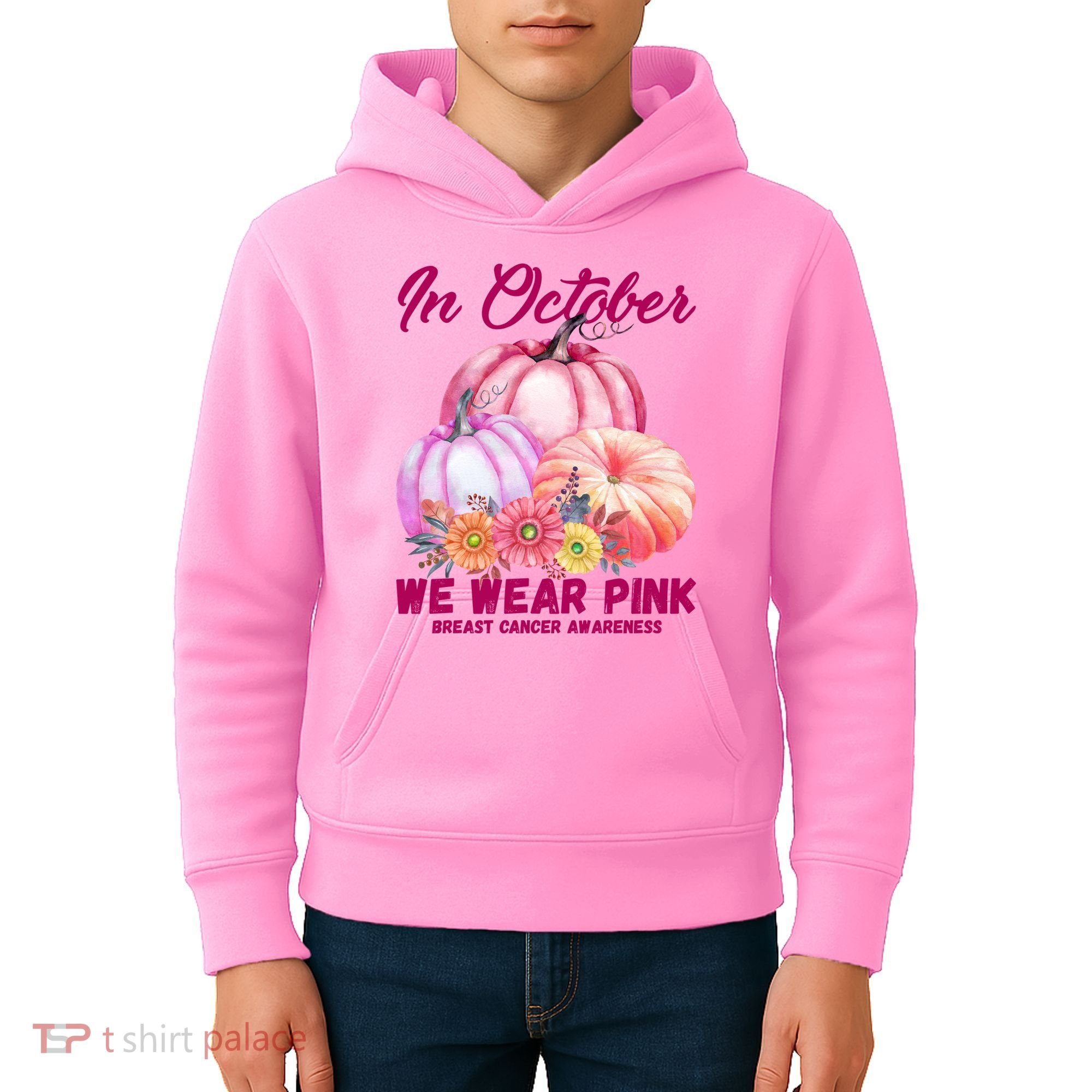 In October We Wear Pink Breast Cancer Awareness Pumpkin Patch Kids Hoodie