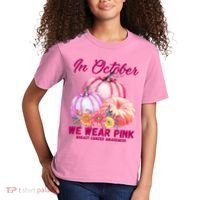 In October We Wear Pink Breast Cancer Awareness Pumpkin Patch Kids T-Shirt thumb 2
