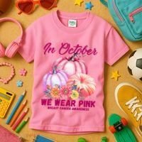 In October We Wear Pink Breast Cancer Awareness Pumpkin Patch Kids T-Shirt thumb 3