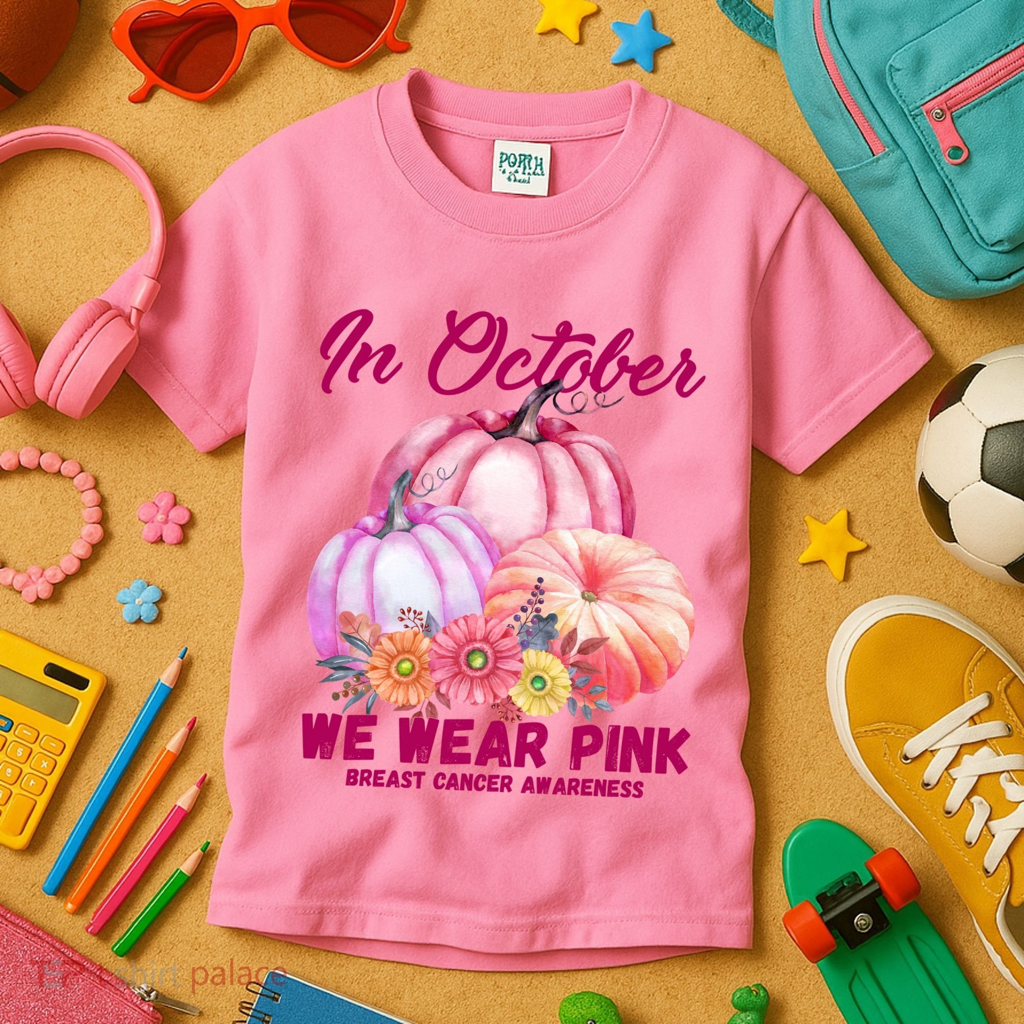 In October We Wear Pink Breast Cancer Awareness Pumpkin Patch Kids T-Shirt