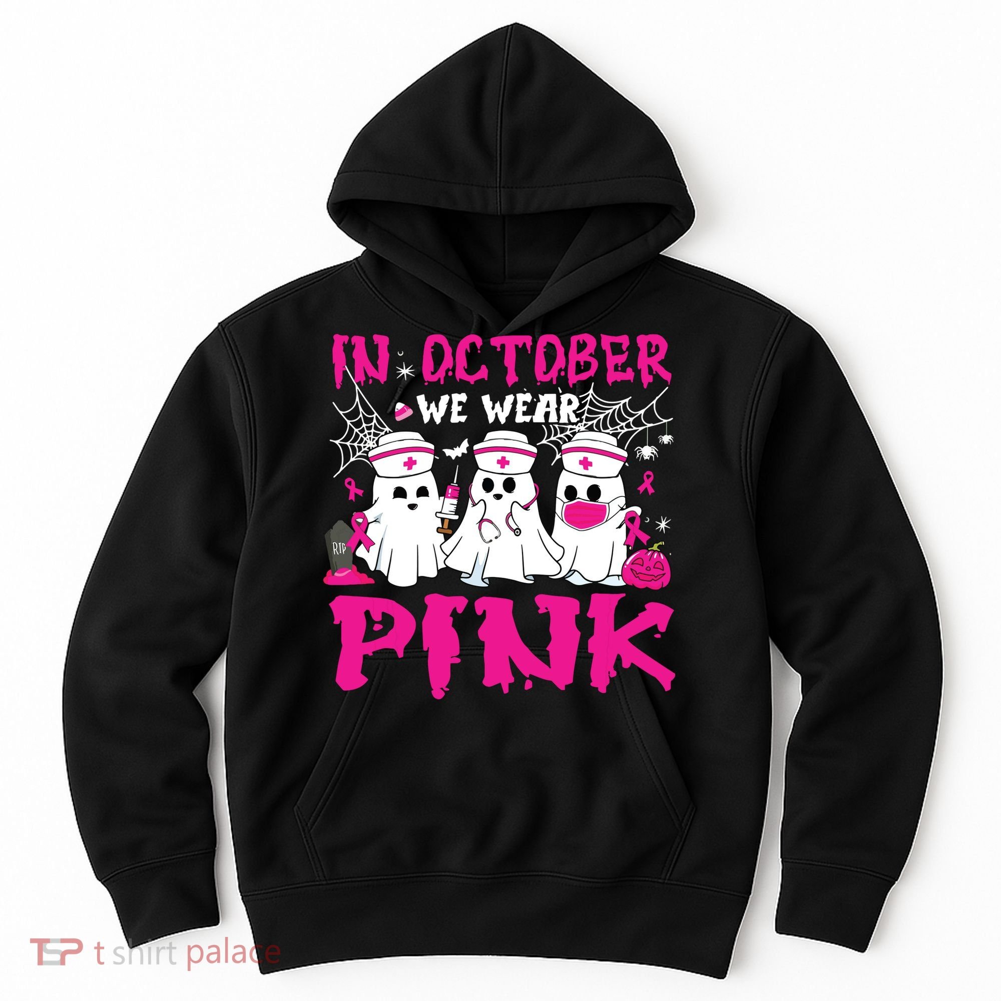 In October We Wear Nurse Ghost Halloween Breast Cancer Hoodie