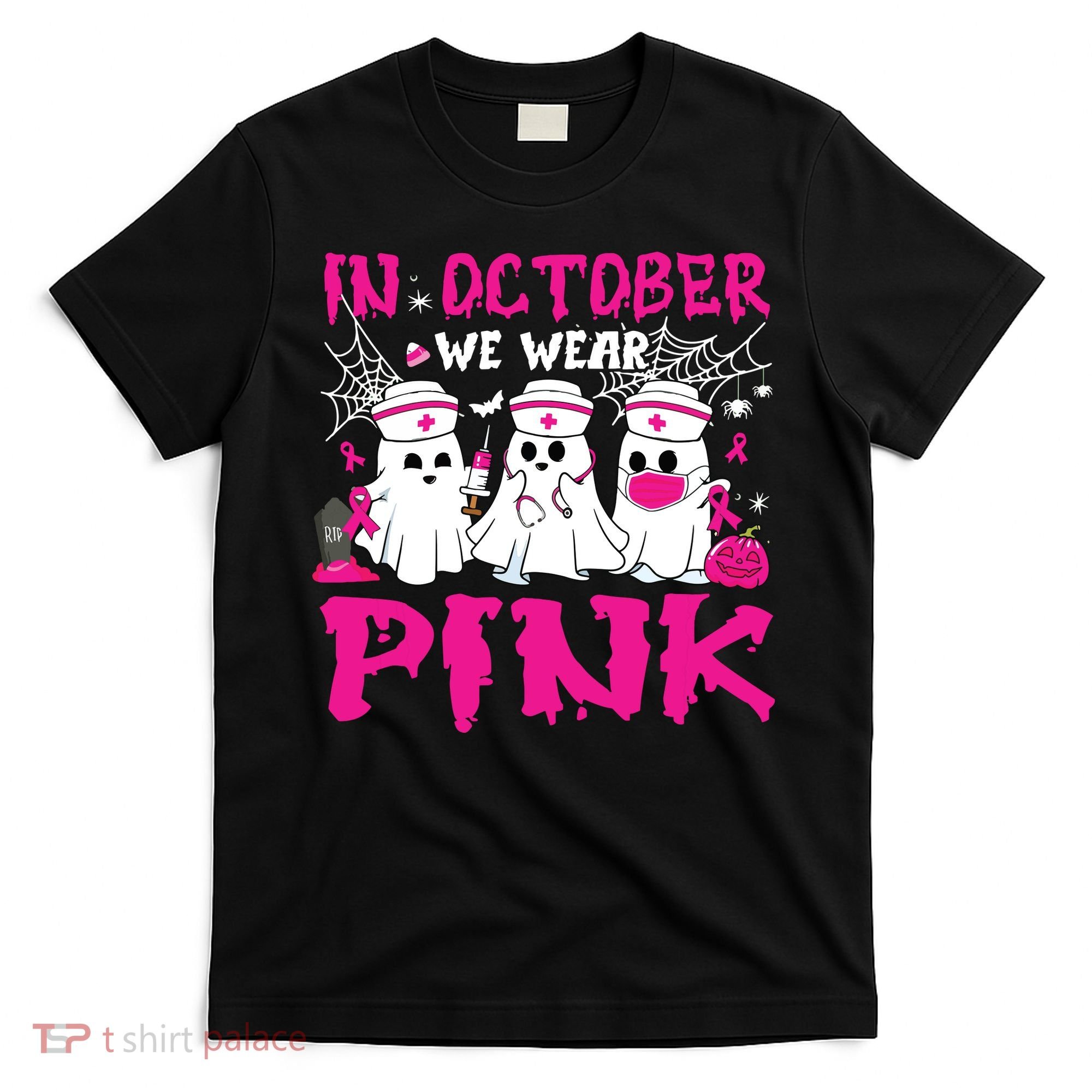 In October We Wear Nurse Ghost Halloween Breast Cancer T-Shirt