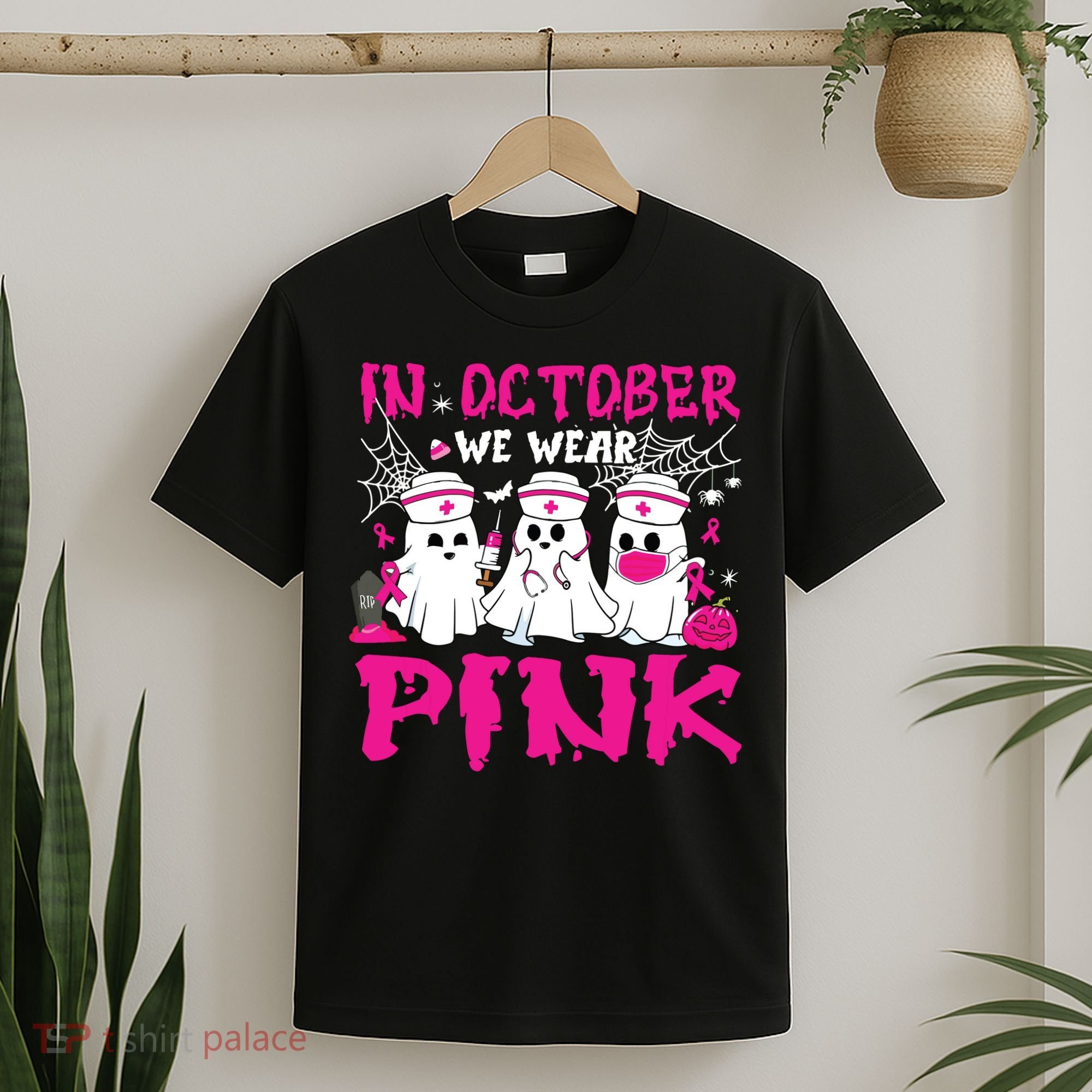 In October We Wear Nurse Ghost Halloween Breast Cancer T-Shirt