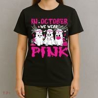 In October We Wear Nurse Ghost Halloween Breast Cancer T-Shirt thumb 4