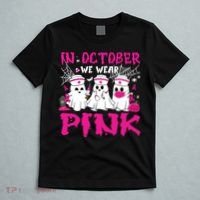In October We Wear Nurse Ghost Halloween Breast Cancer T-Shirt thumb 5