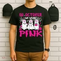 In October We Wear Nurse Ghost Halloween Breast Cancer T-Shirt thumb 6