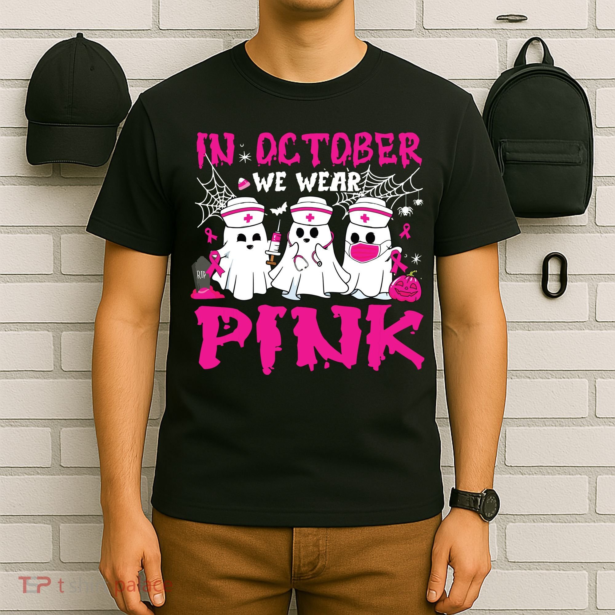 In October We Wear Nurse Ghost Halloween Breast Cancer T-Shirt