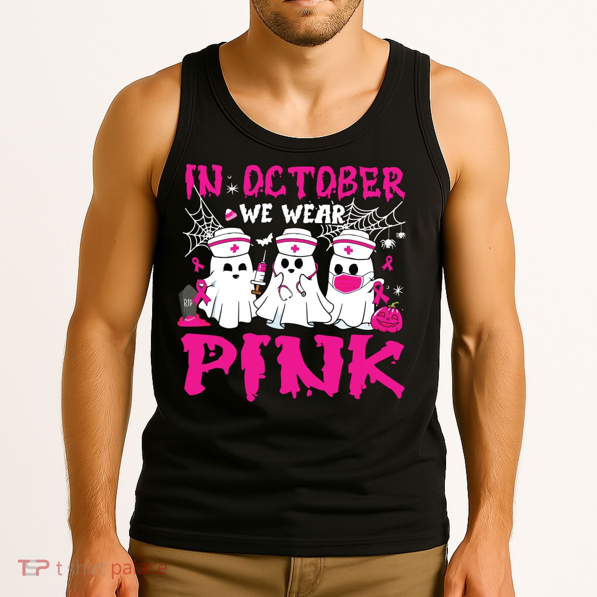 In October We Wear Nurse Ghost Halloween Breast Cancer Tank Top