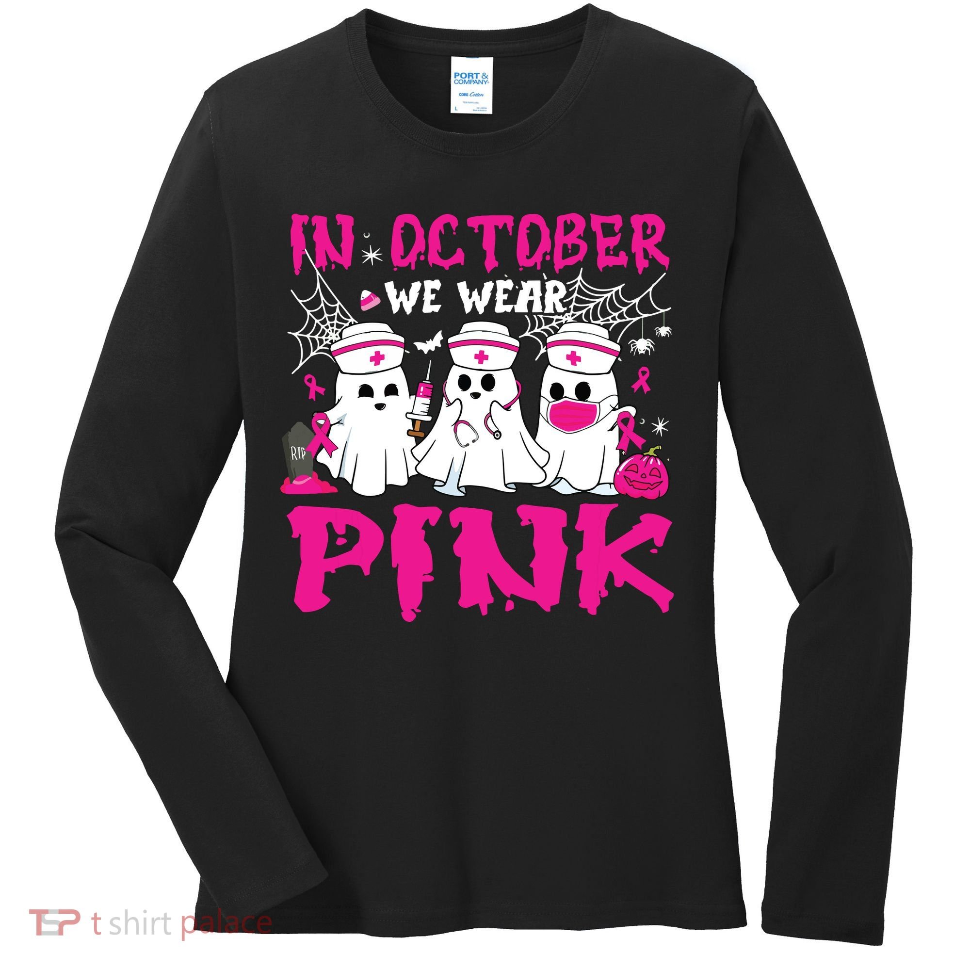 In October We Wear Nurse Ghost Halloween Breast Cancer Women's Long Sleeve Shirt