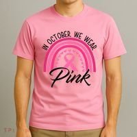 In October We Wear Pink Rainbow Ribbon Breast Cancer T-Shirt thumb 3