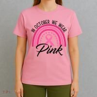 In October We Wear Pink Rainbow Ribbon Breast Cancer T-Shirt thumb 4