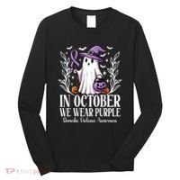 In October We Wear Purple Domestic Violence Ghost Halloween Long Sleeve Shirt thumb 0