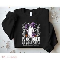 In October We Wear Purple Domestic Violence Ghost Halloween Sweatshirt thumb 2