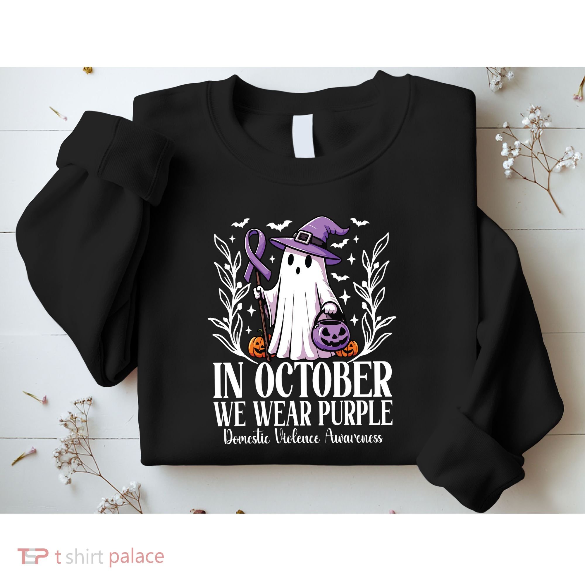 In October We Wear Purple Domestic Violence Ghost Halloween Sweatshirt