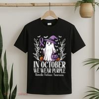 In October We Wear Purple Domestic Violence Ghost Halloween T-Shirt thumb 2