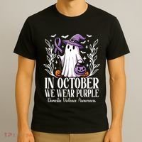 In October We Wear Purple Domestic Violence Ghost Halloween T-Shirt thumb 3