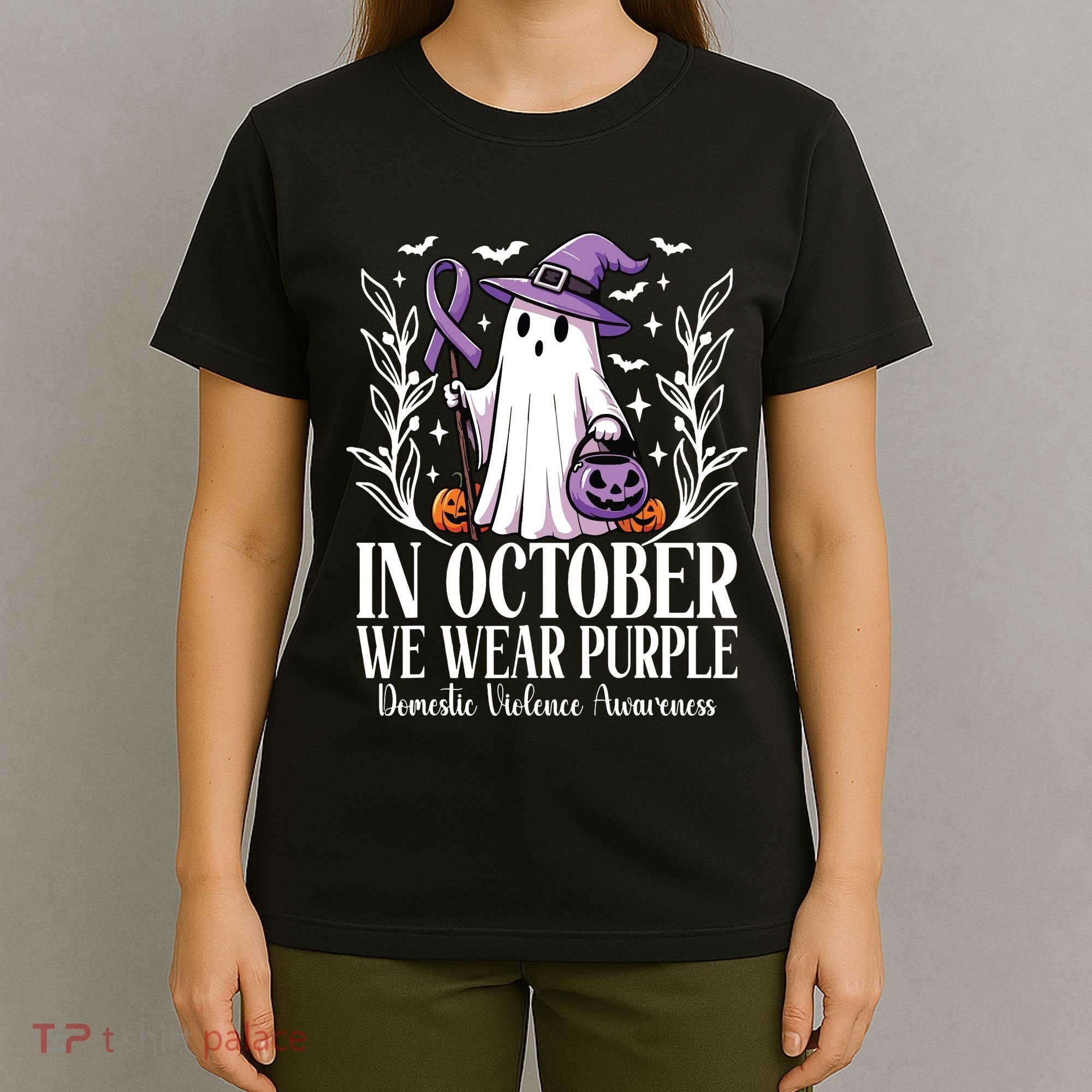 In October We Wear Purple Domestic Violence Ghost Halloween T-Shirt