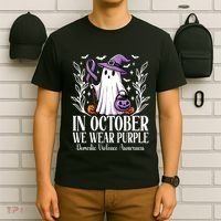 In October We Wear Purple Domestic Violence Ghost Halloween T-Shirt thumb 6