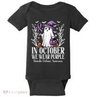 In October We Wear Purple Domestic Violence Ghost Halloween Baby Bodysuit thumb 0