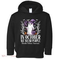 In October We Wear Purple Domestic Violence Ghost Halloween Toddler Hoodie thumb 0