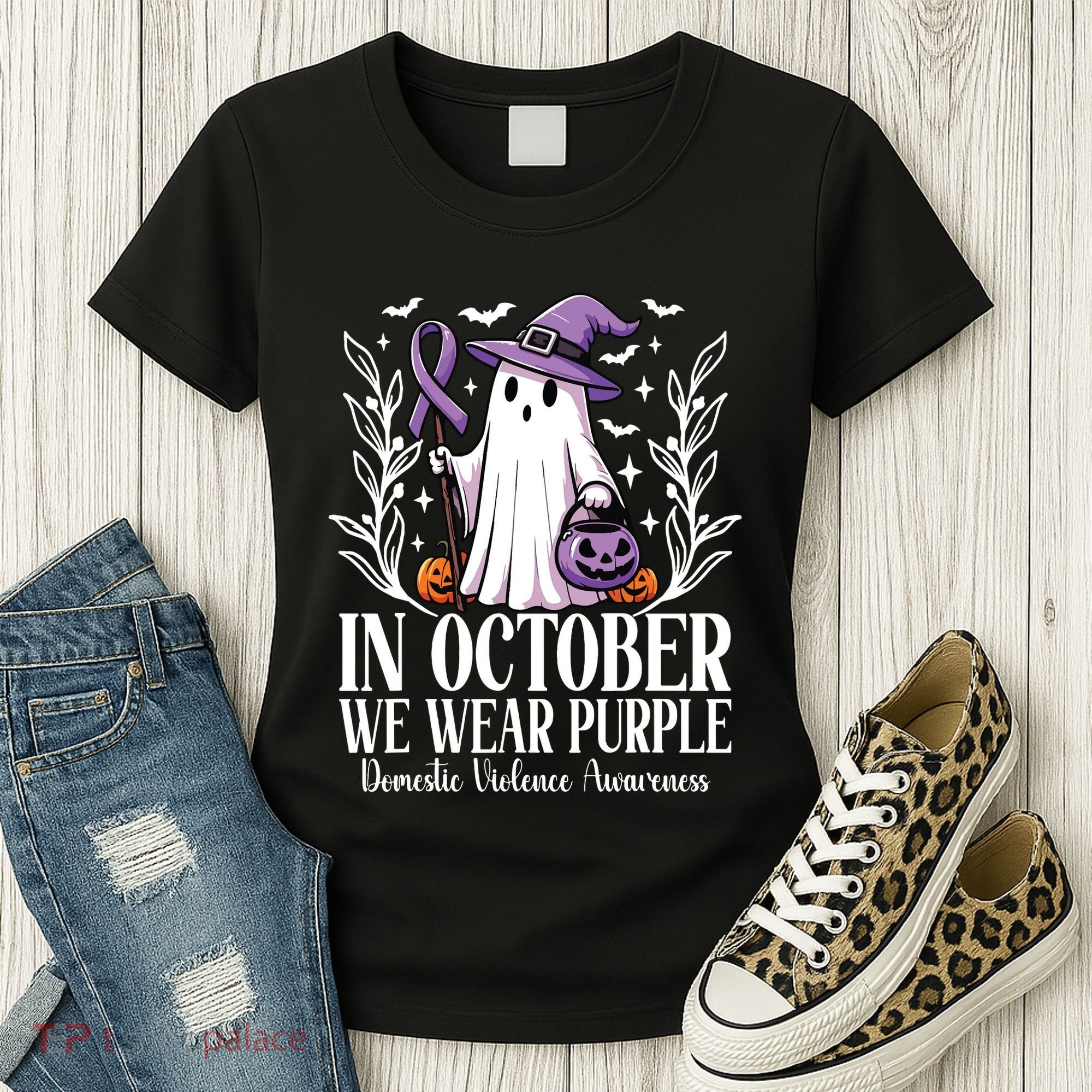 In October We Wear Purple Domestic Violence Ghost Halloween Women's T-Shirt