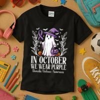 In October We Wear Purple Domestic Violence Ghost Halloween Kids T-Shirt thumb 3