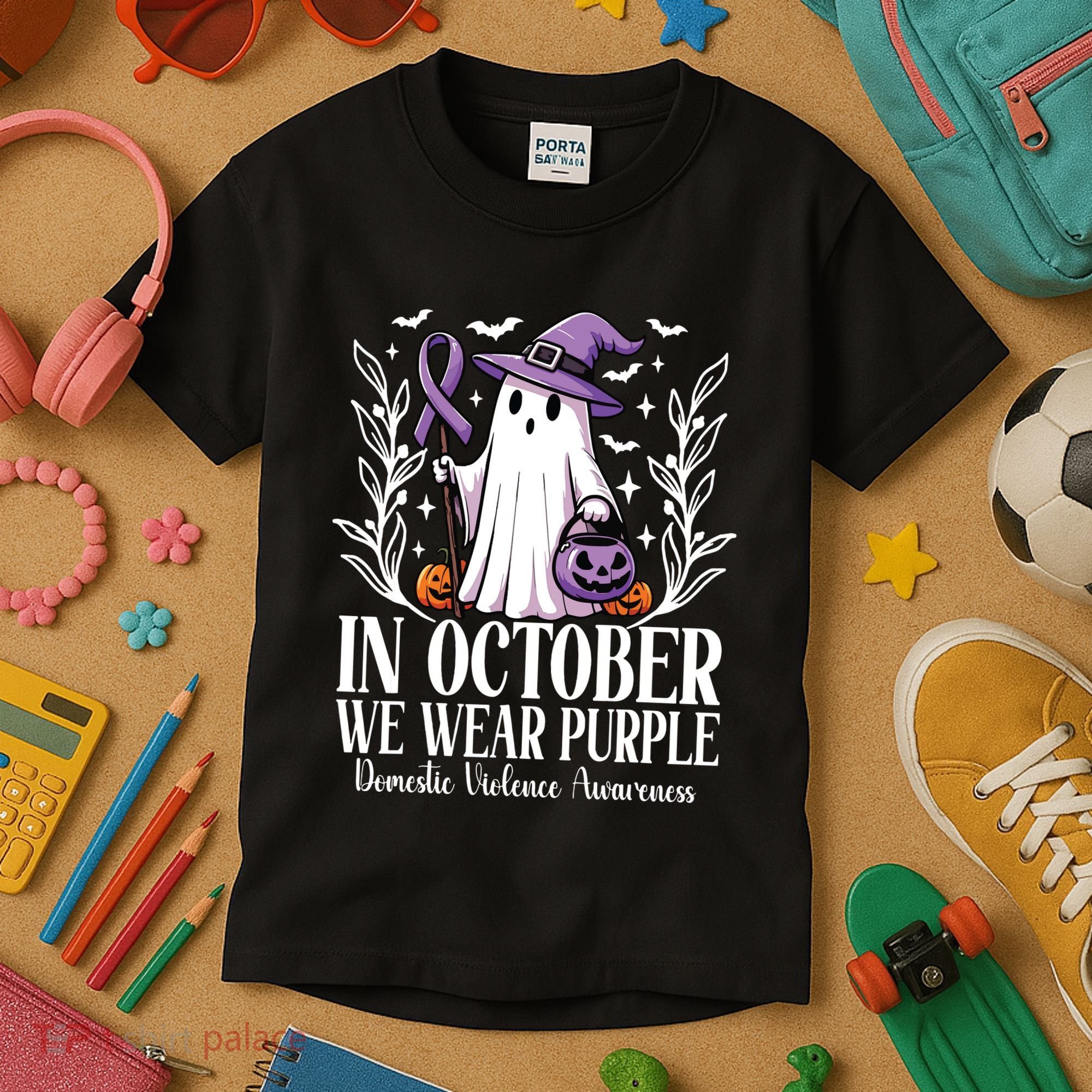 In October We Wear Purple Domestic Violence Ghost Halloween Kids T-Shirt