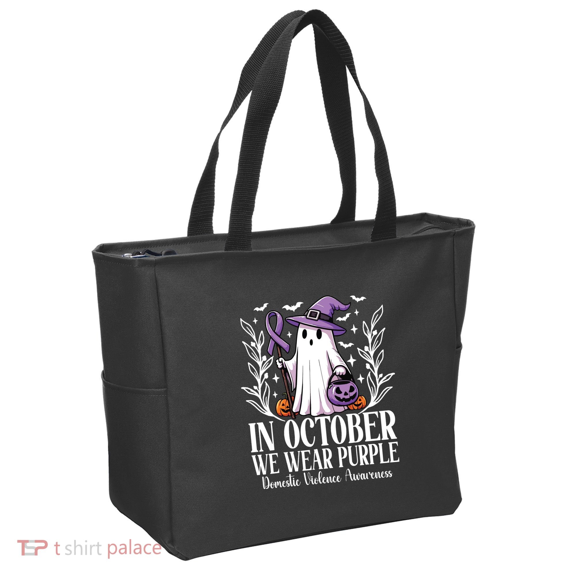 In October We Wear Purple Domestic Violence Ghost Halloween Tote Bag