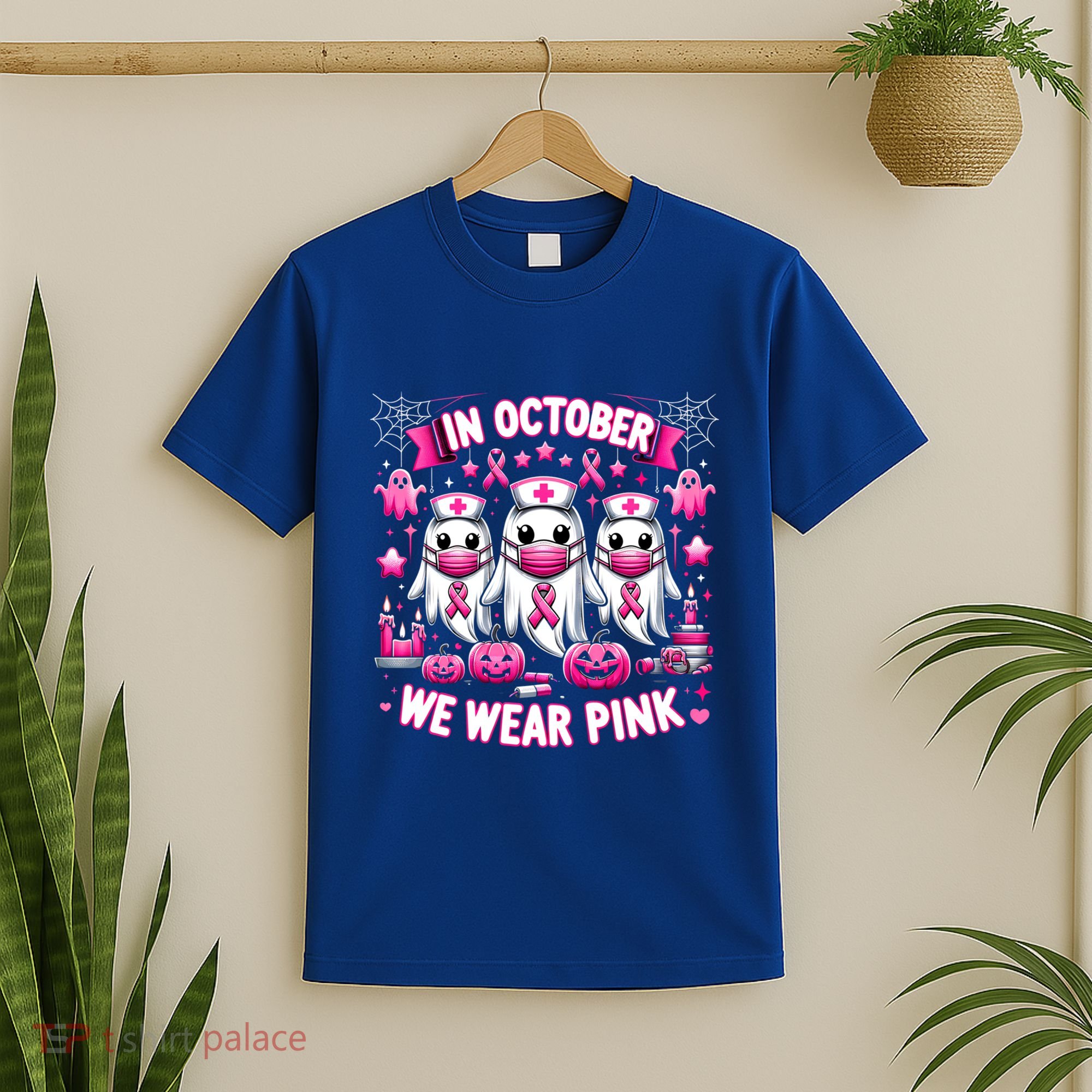 In October We Wear Nurse Ghost Halloween Breast Cancer Cute Gift T-Shirt