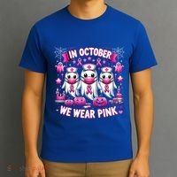 In October We Wear Nurse Ghost Halloween Breast Cancer Cute Gift T-Shirt thumb 3