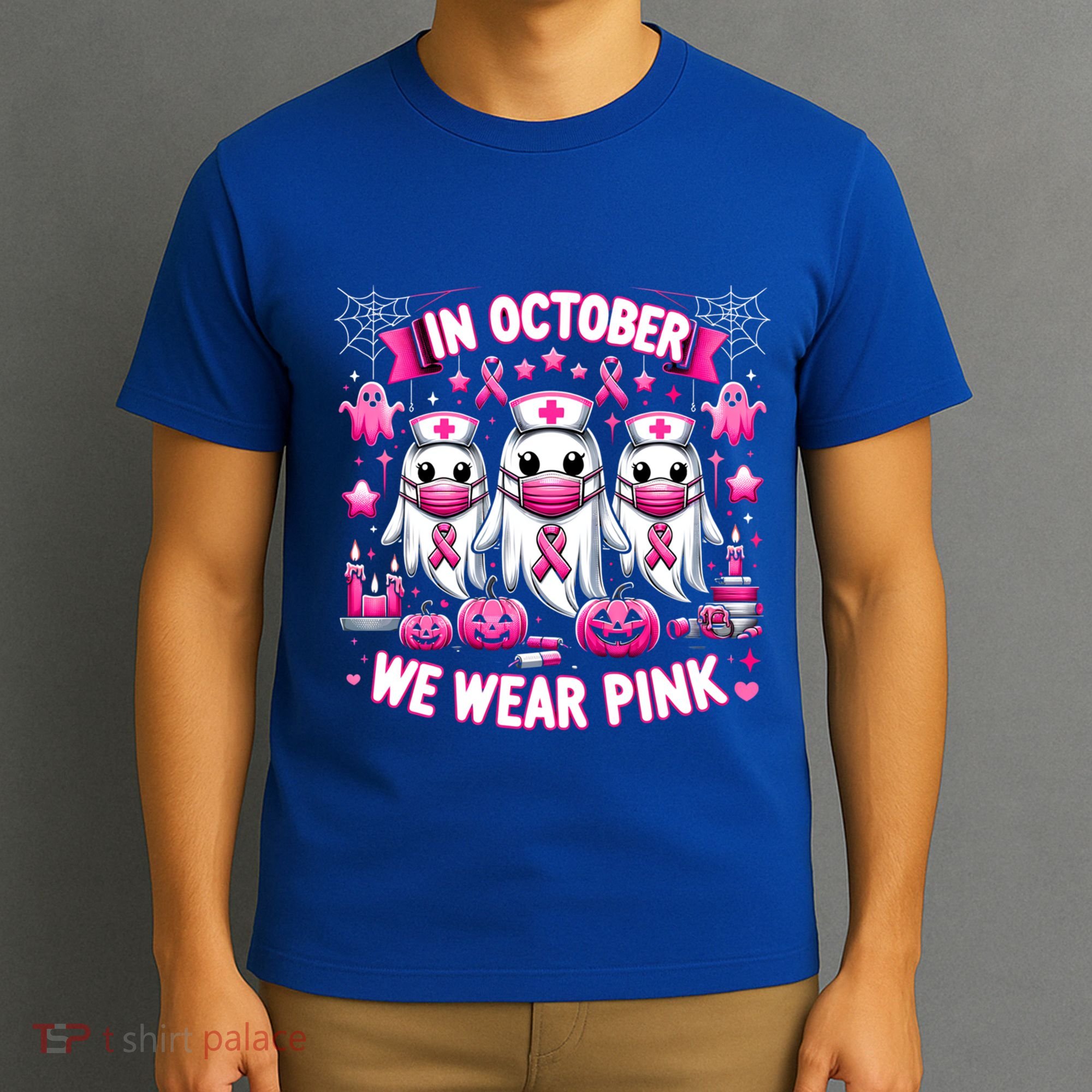 In October We Wear Nurse Ghost Halloween Breast Cancer Cute Gift T-Shirt