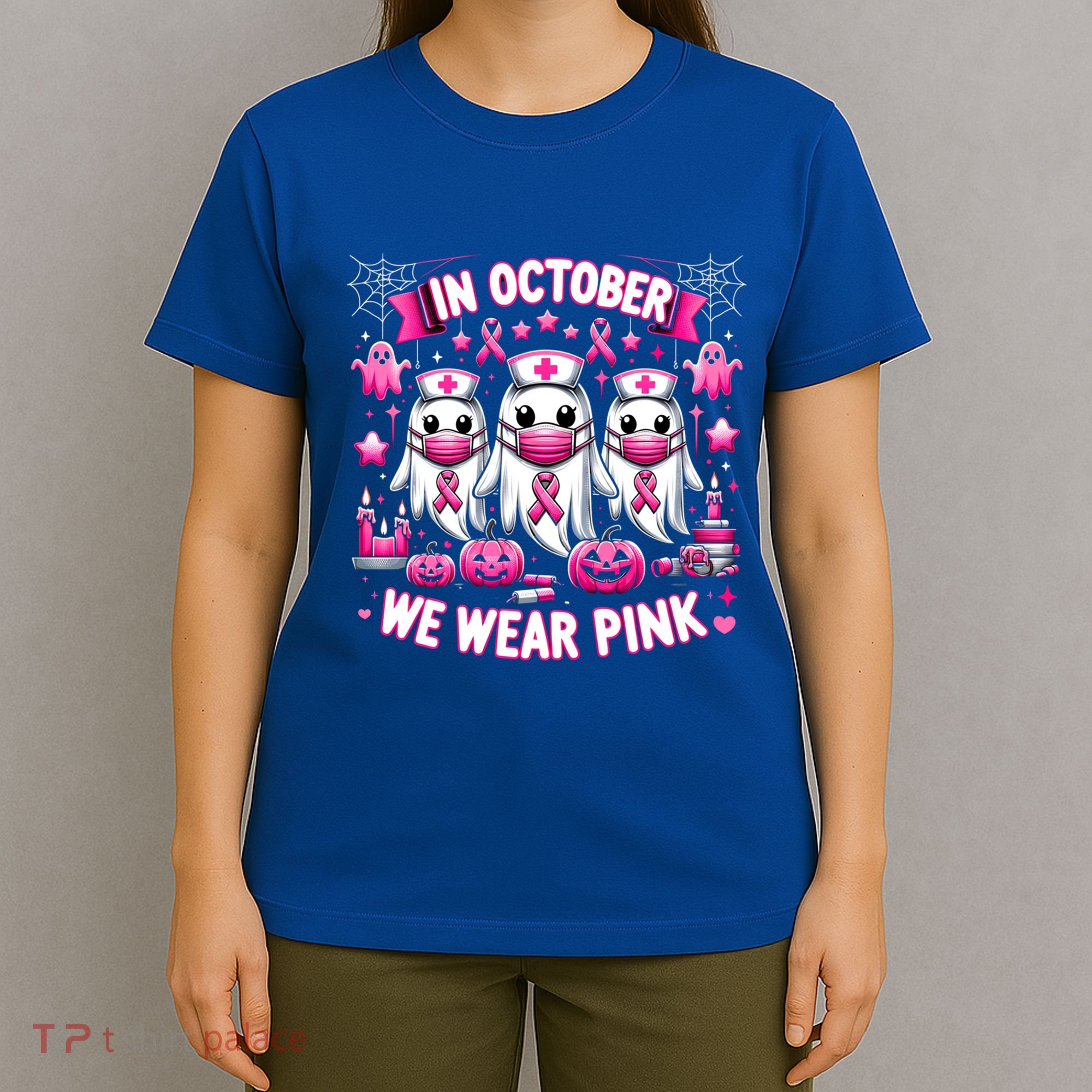 In October We Wear Nurse Ghost Halloween Breast Cancer Cute Gift T-Shirt