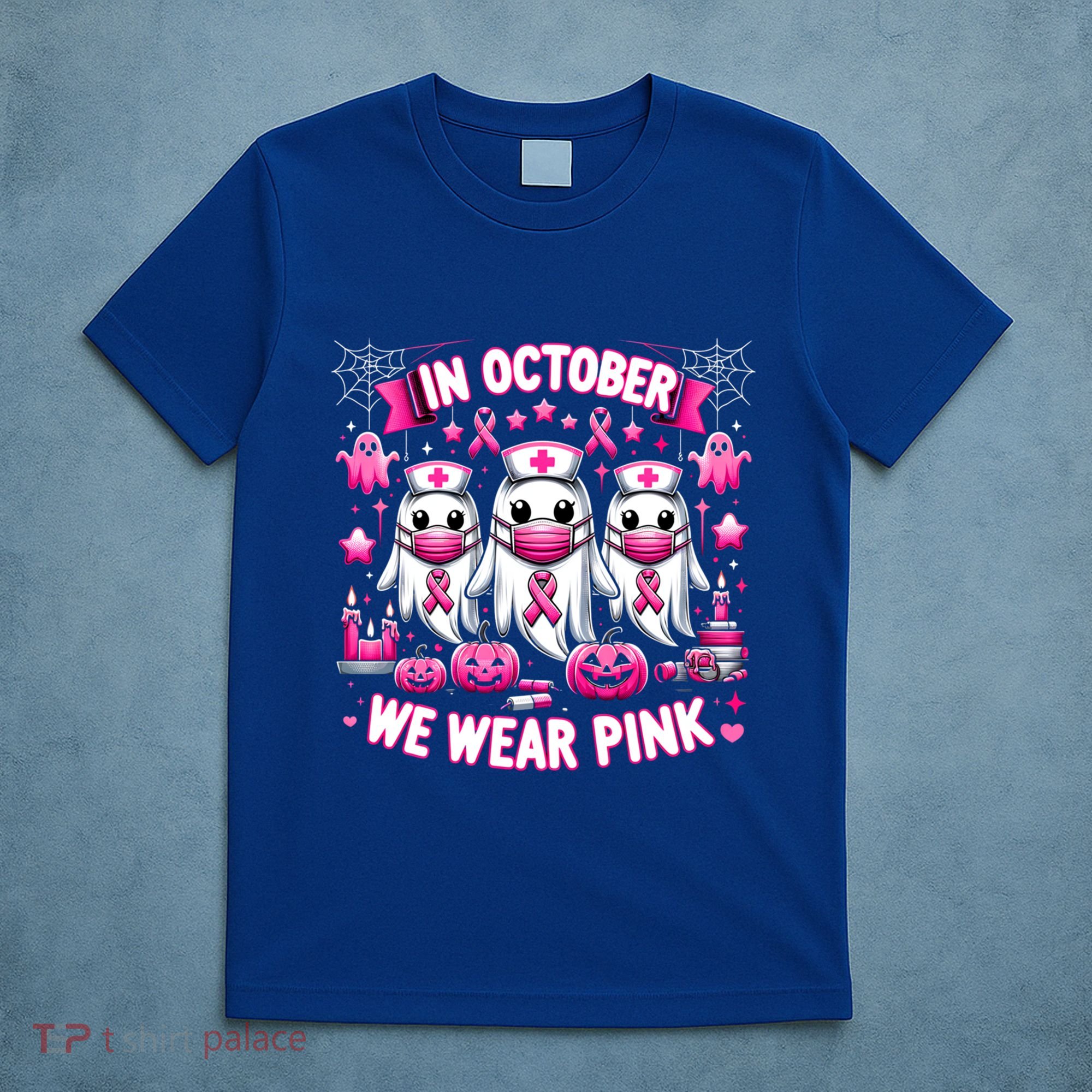In October We Wear Nurse Ghost Halloween Breast Cancer Cute Gift T-Shirt
