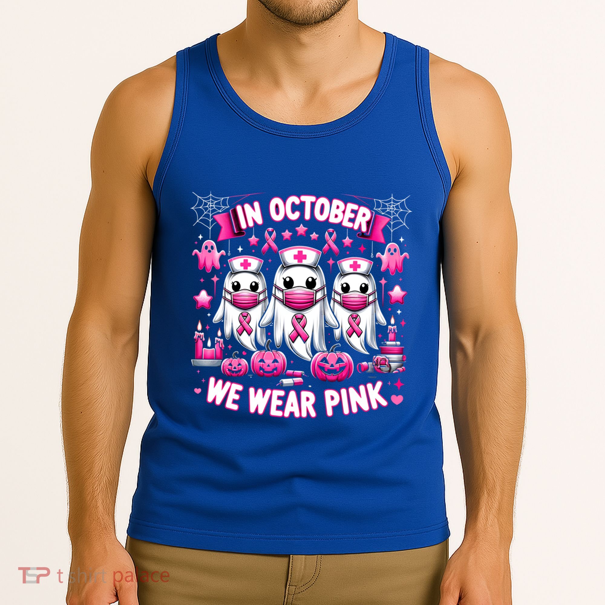 In October We Wear Nurse Ghost Halloween Breast Cancer Cute Gift Tank Top