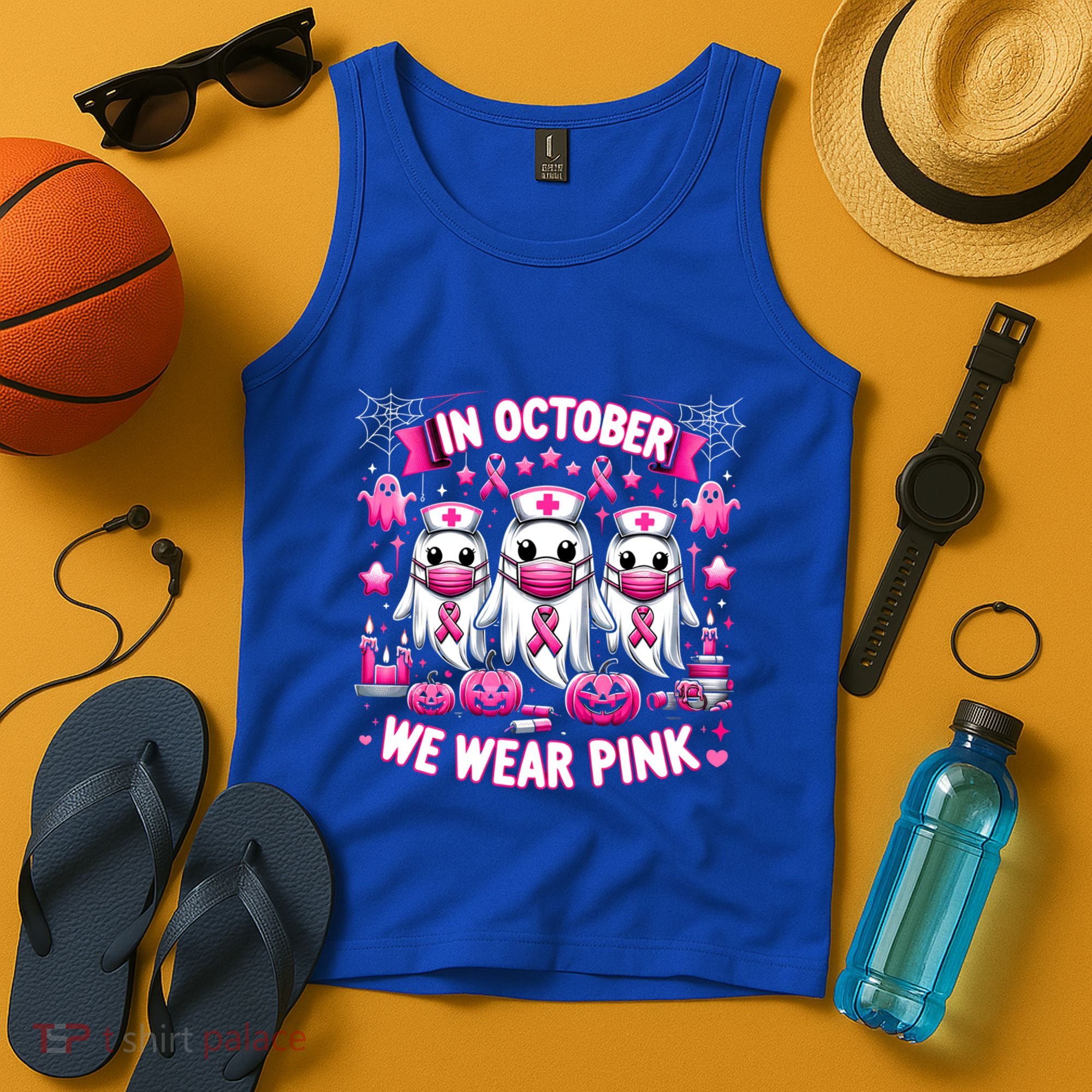 In October We Wear Nurse Ghost Halloween Breast Cancer Cute Gift Tank Top