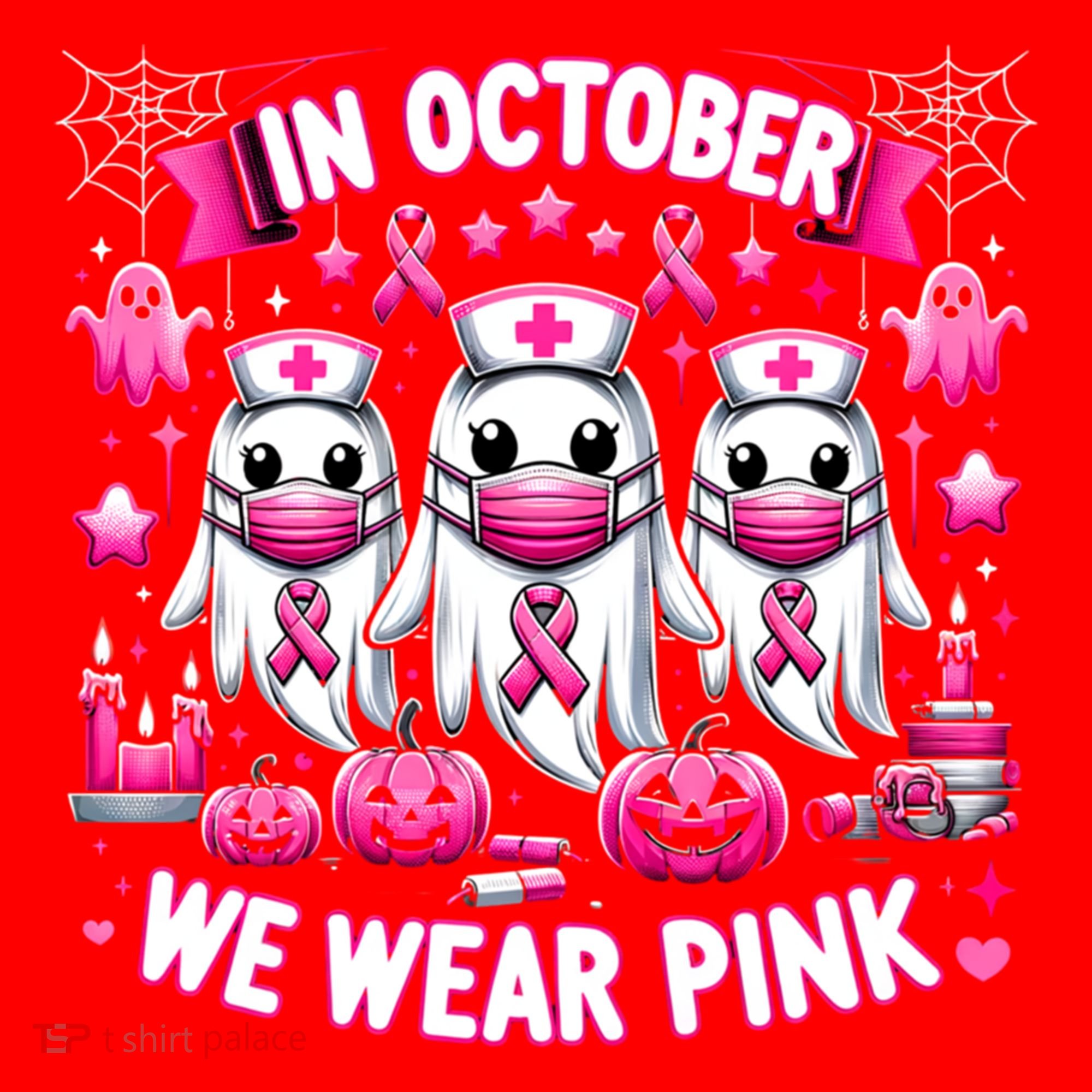 In October We Wear Nurse Ghost Halloween Breast Cancer Cute Gift Santa Hat