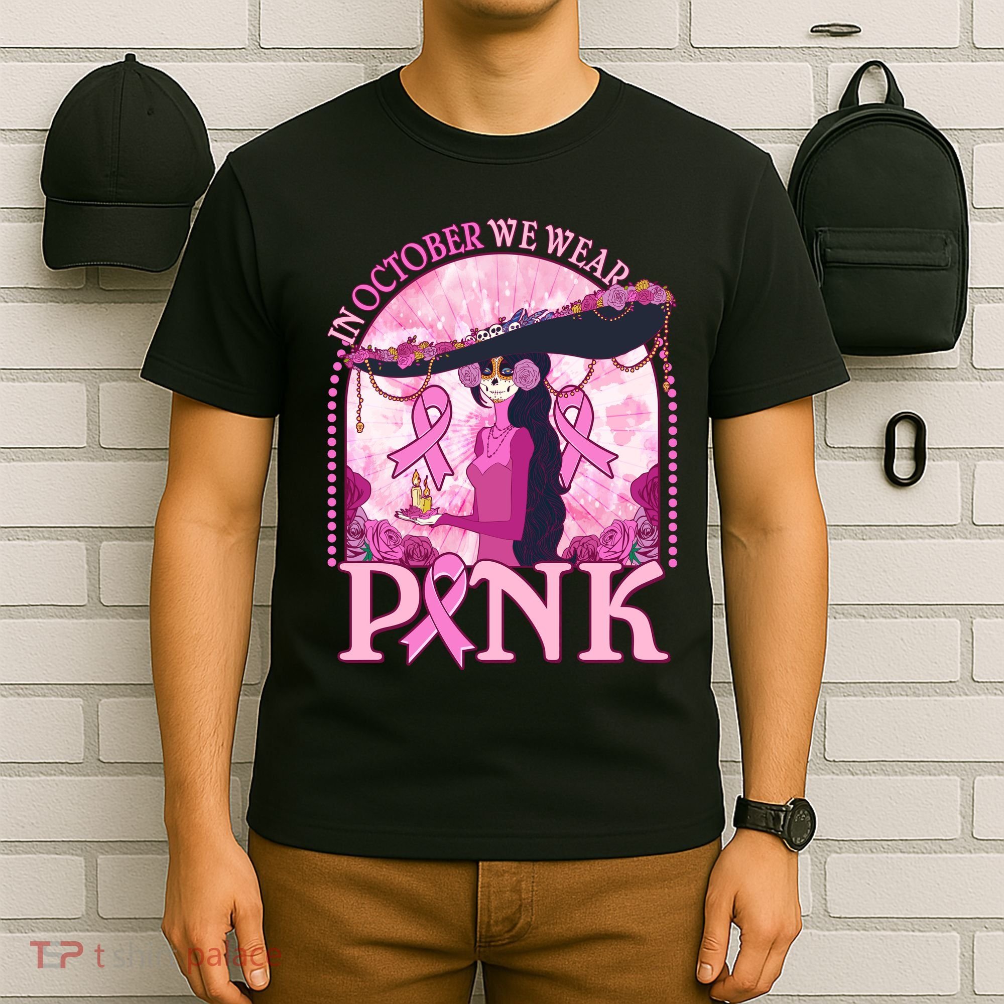 In October We Wear Pink Sugar Skull Lady Breast Cancer Awareness T-Shirt