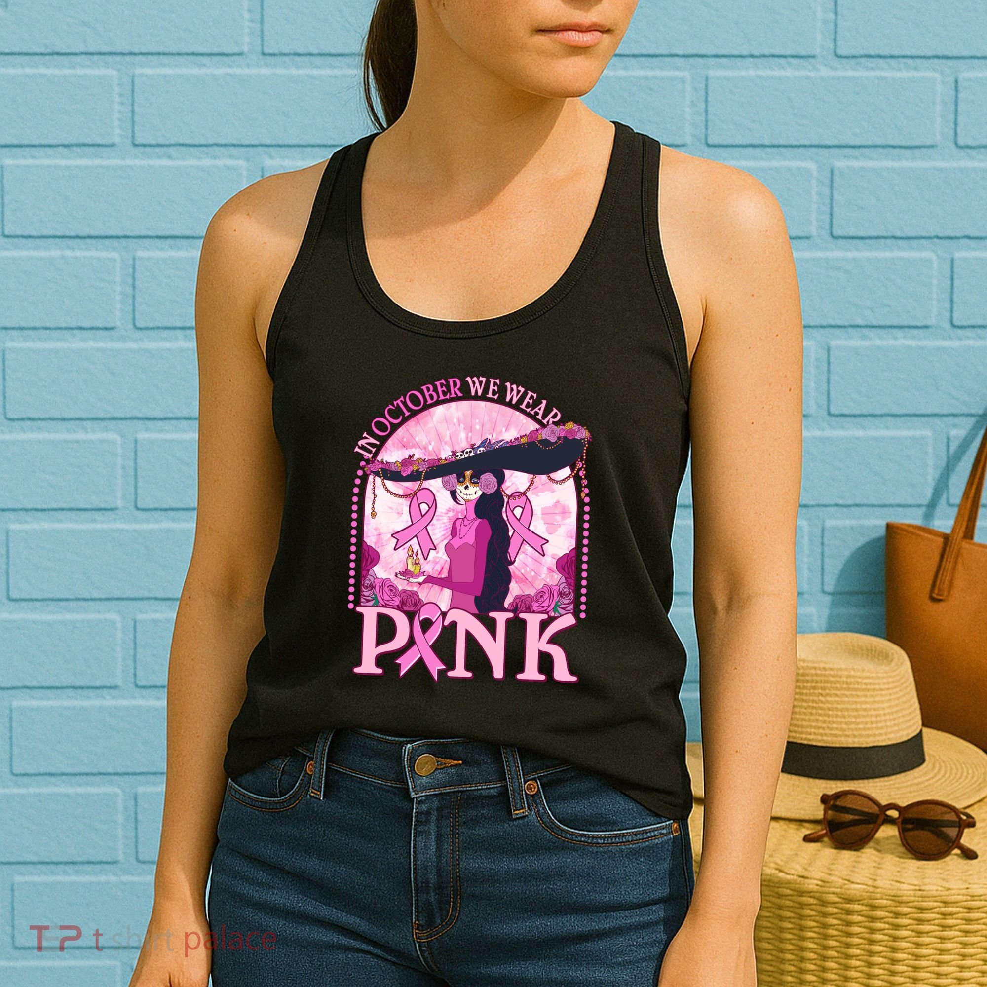 In October We Wear Pink Sugar Skull Lady Breast Cancer Awareness Women's Tank Top
