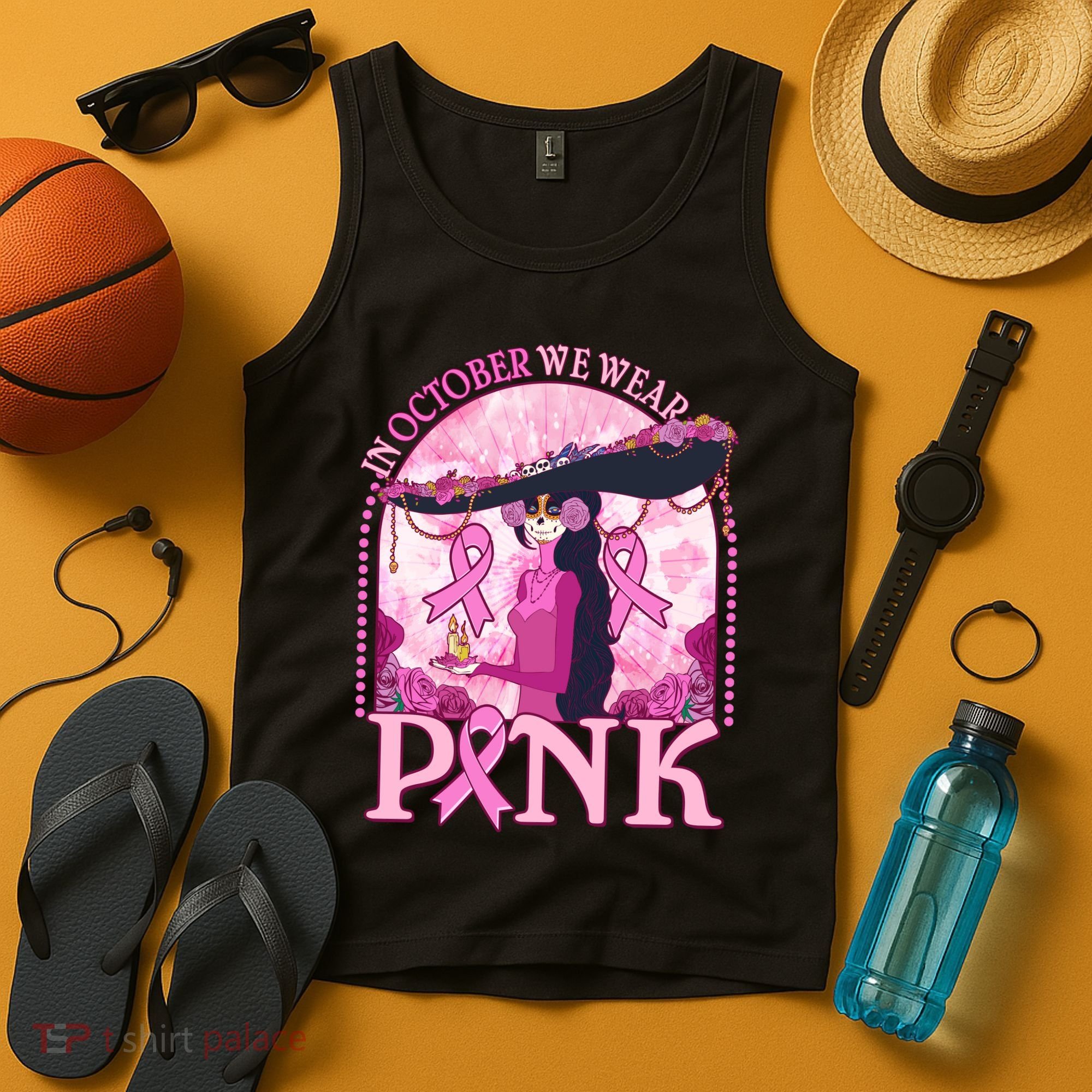 In October We Wear Pink Sugar Skull Lady Breast Cancer Awareness Tank Top