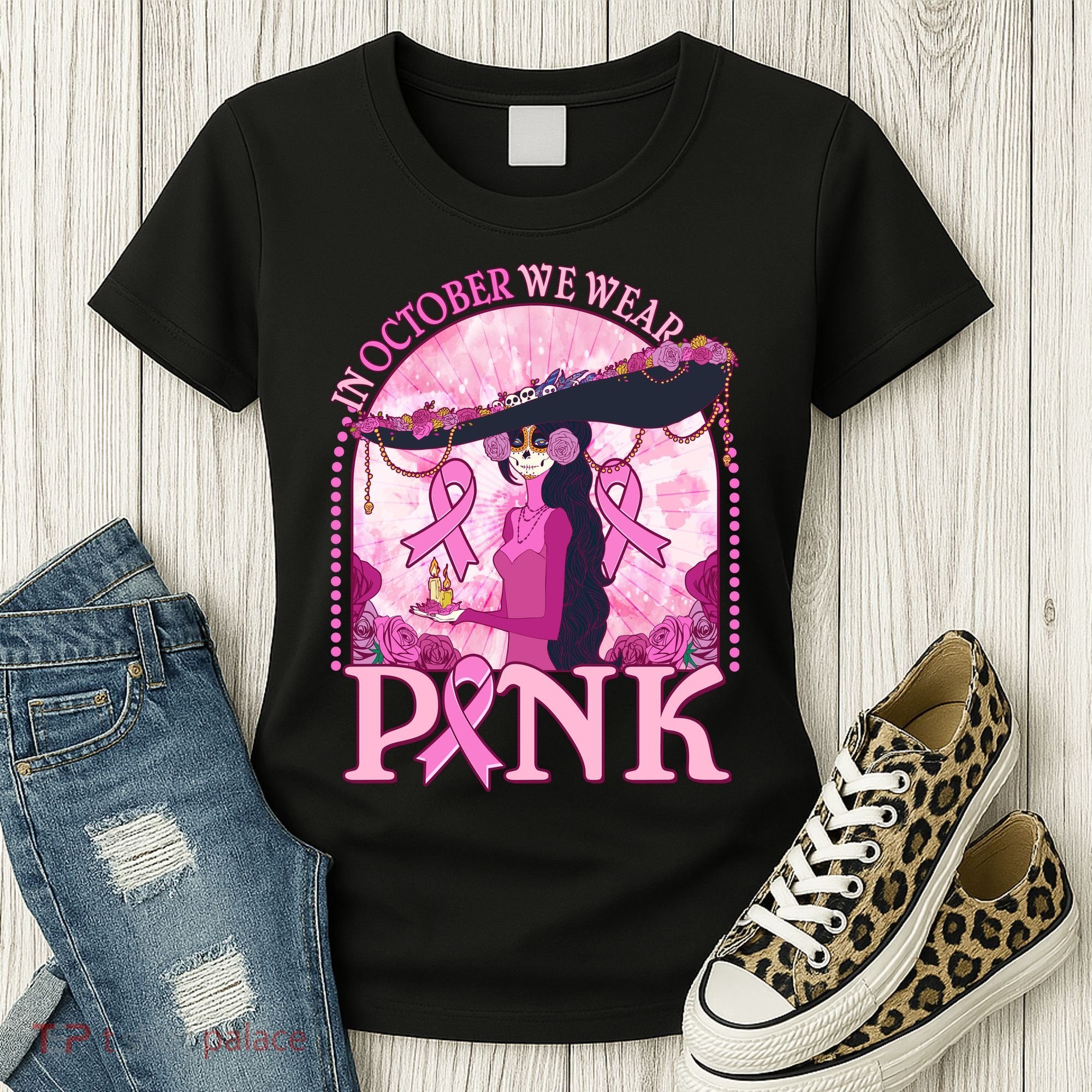 In October We Wear Pink Sugar Skull Lady Breast Cancer Awareness Women's T-Shirt